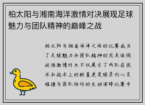 柏太阳与湘南海洋激情对决展现足球魅力与团队精神的巅峰之战
