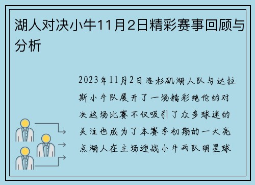 湖人对决小牛11月2日精彩赛事回顾与分析
